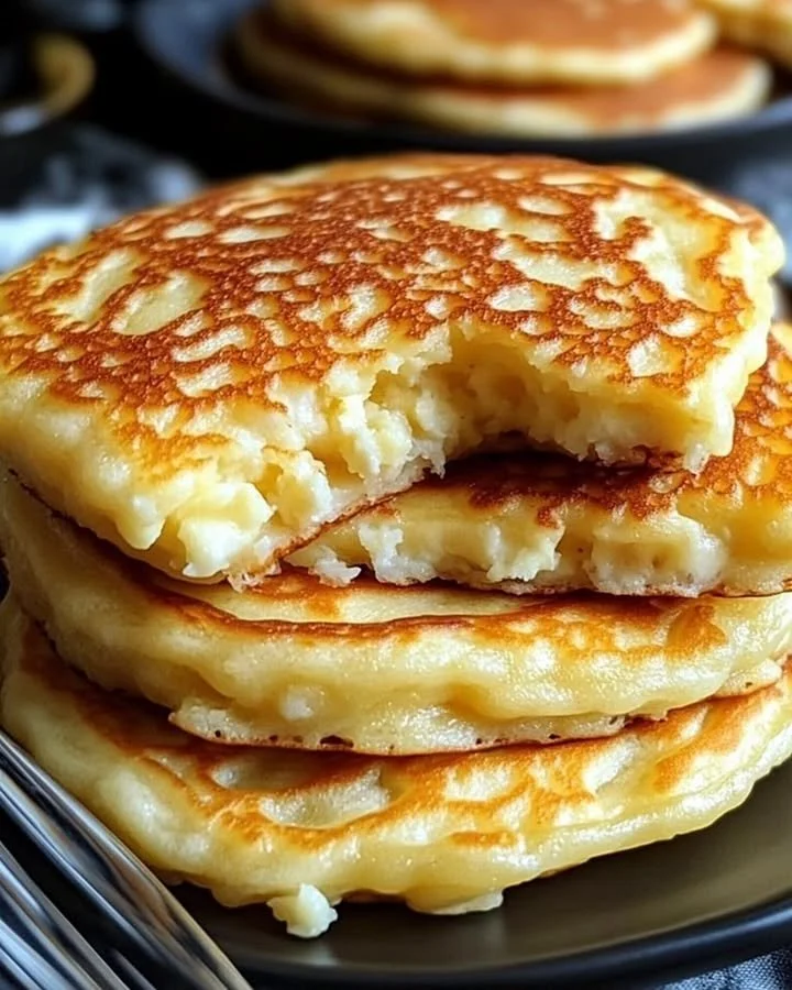 Flourless cottage cheese pancakes stacked on a plate with syrup topping