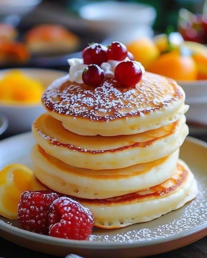 Fluffy Japanese soufflé pancakes served with syrup and berries