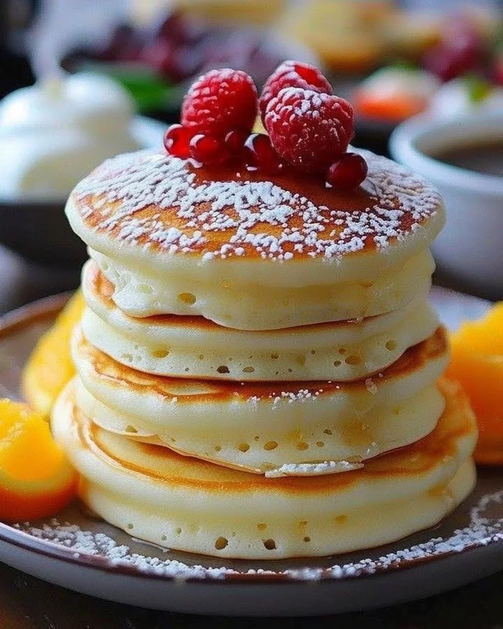 Fluffy Japanese soufflé pancakes on a plate with syrup and strawberries.
