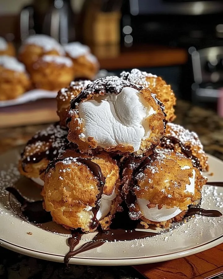 Fried S’mores Bombs filled with gooey chocolate and marshmallow.