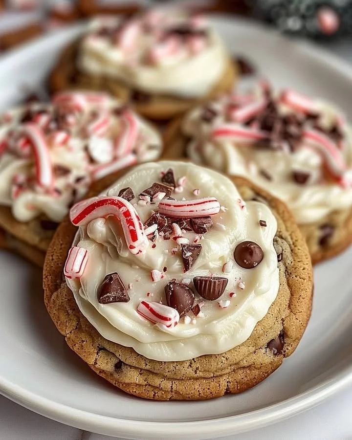 Frosted peppermint chocolate chunk cookies with festive decorations