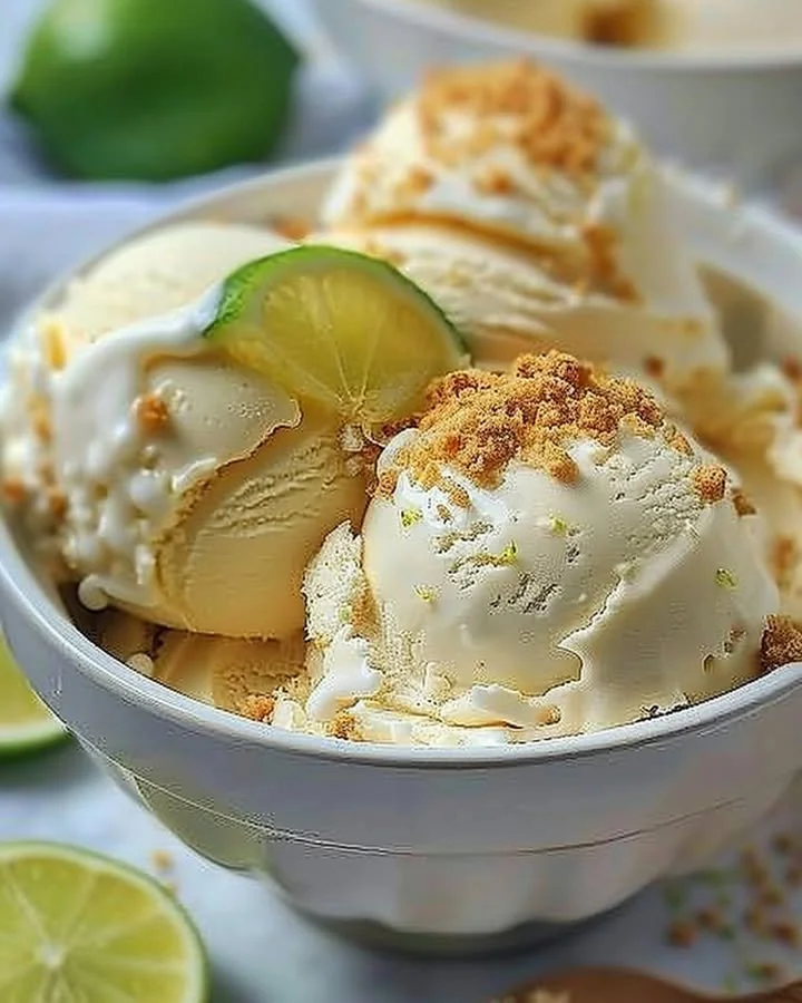 Frozen key lime pie ice cream served in a bowl with lime wedges