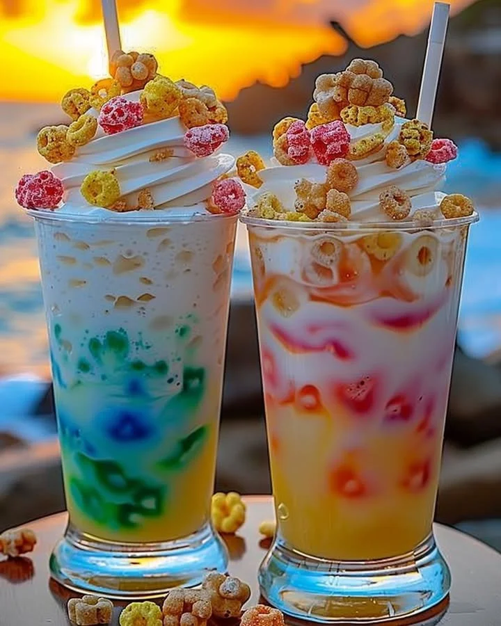Colorful Fruit Loop Fizz drink in a glass with cereal garnish.