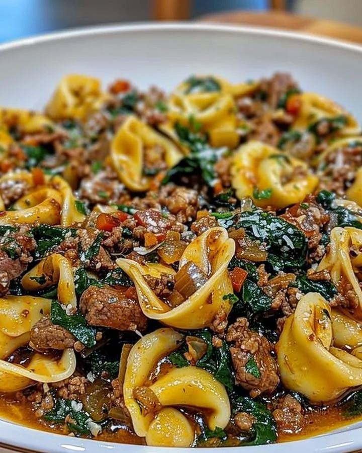 Delicious garlic butter beef and spinach tortellini served in a bowl