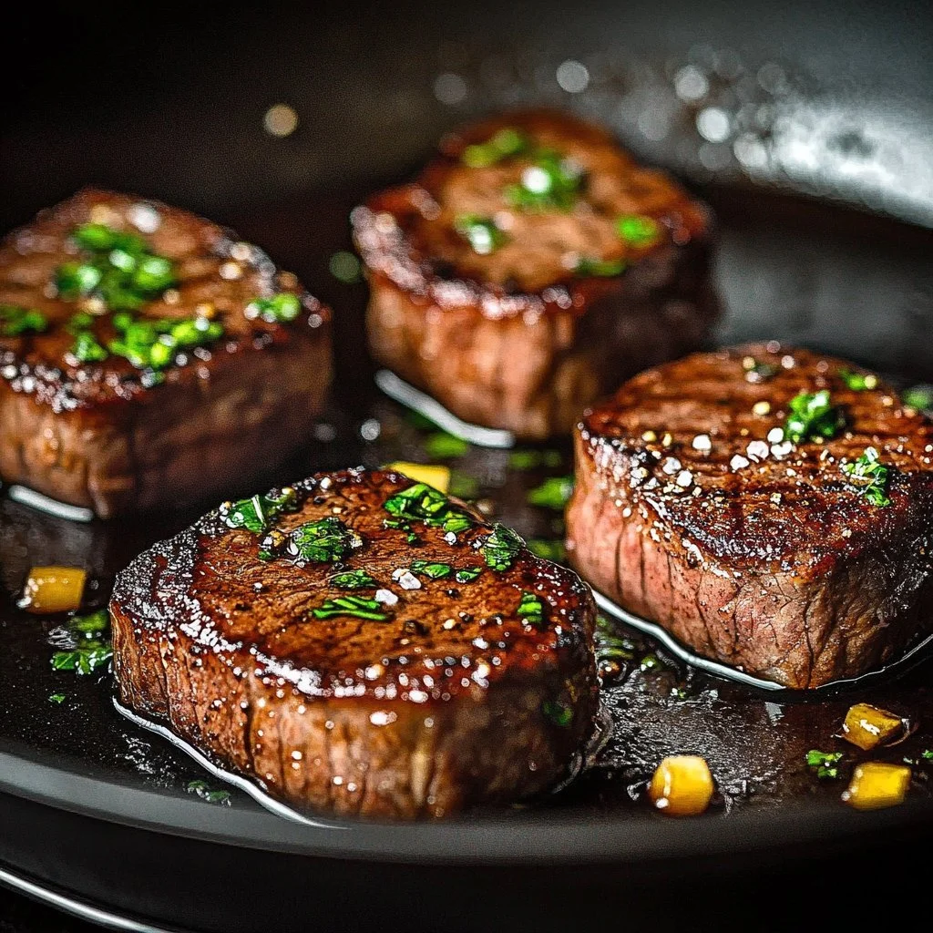 Juicy Garlic Butter Brazilian Steak garnished with herbs and spices.