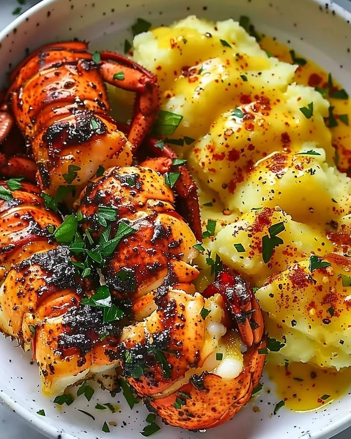 Delicious Garlic Butter Lobster Bites with Saffron Mash on a plate