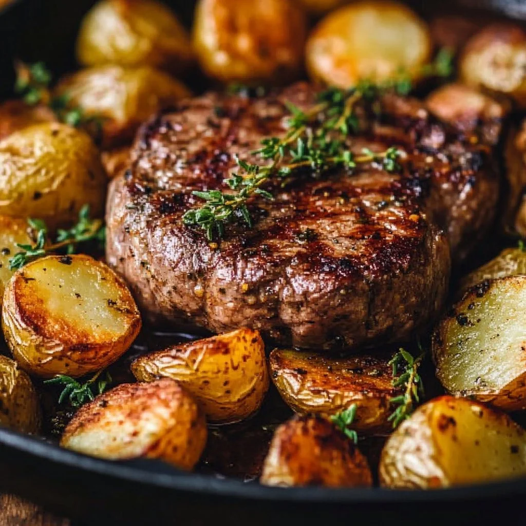 Garlic Herb Steak and Potato Skillet served in a rustic dish