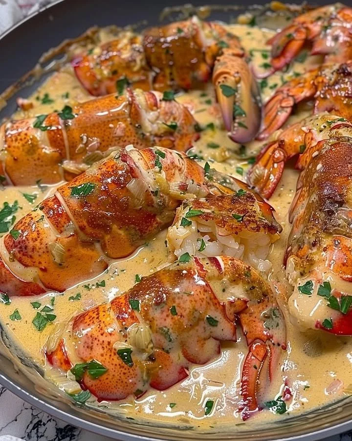 Delicious Garlic Parmesan Alfredo Lobster Tails served with creamy sauce