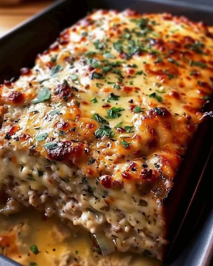 Garlic Parmesan Chicken Meatloaf served with herbs and garlic garnish