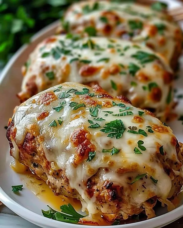 Delicious Garlic Parmesan Chicken Meatloaf served on a plate with herbs