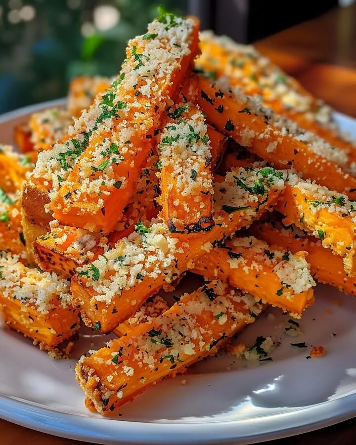 Delicious Garlic Parmesan Sweet Potato Sticks on a plate garnished with herbs