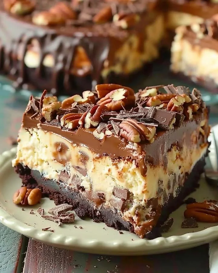 Delicious slice of German Chocolate Cheesecake topped with caramel and coconut frosting