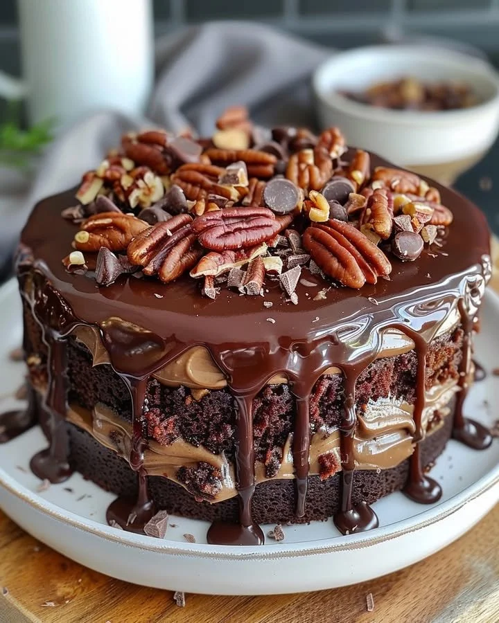 Delicious German Chocolate Poke Cake topped with coconut frosting