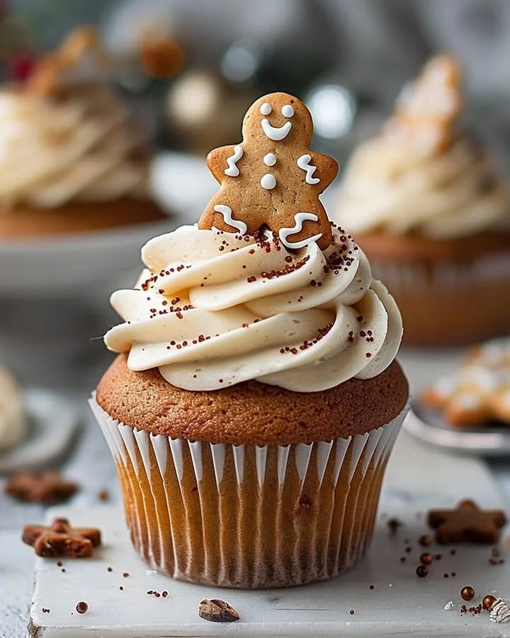 Freshly baked gingerbread cupcakes with frosting on a festive plate.