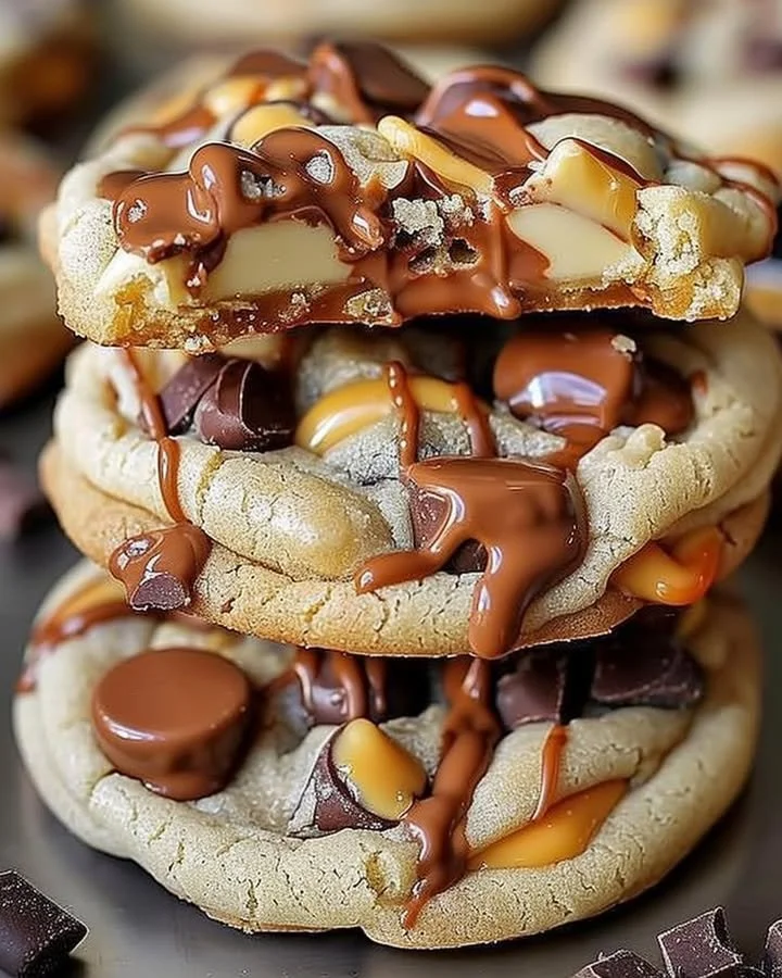 Gooey Reese's Cheesecake Cookies with chocolate and peanut butter drizzles