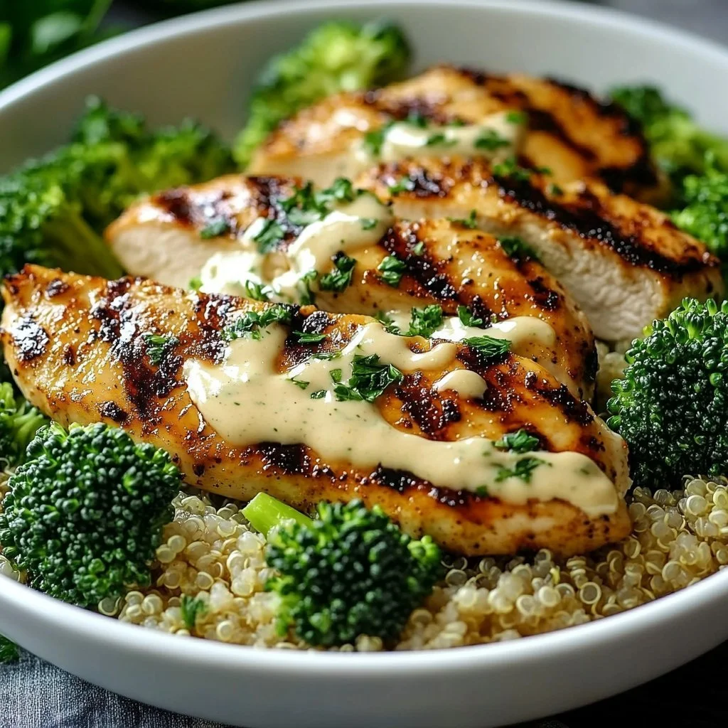 Delicious grilled chicken broccoli bowl with colorful vegetables and grains