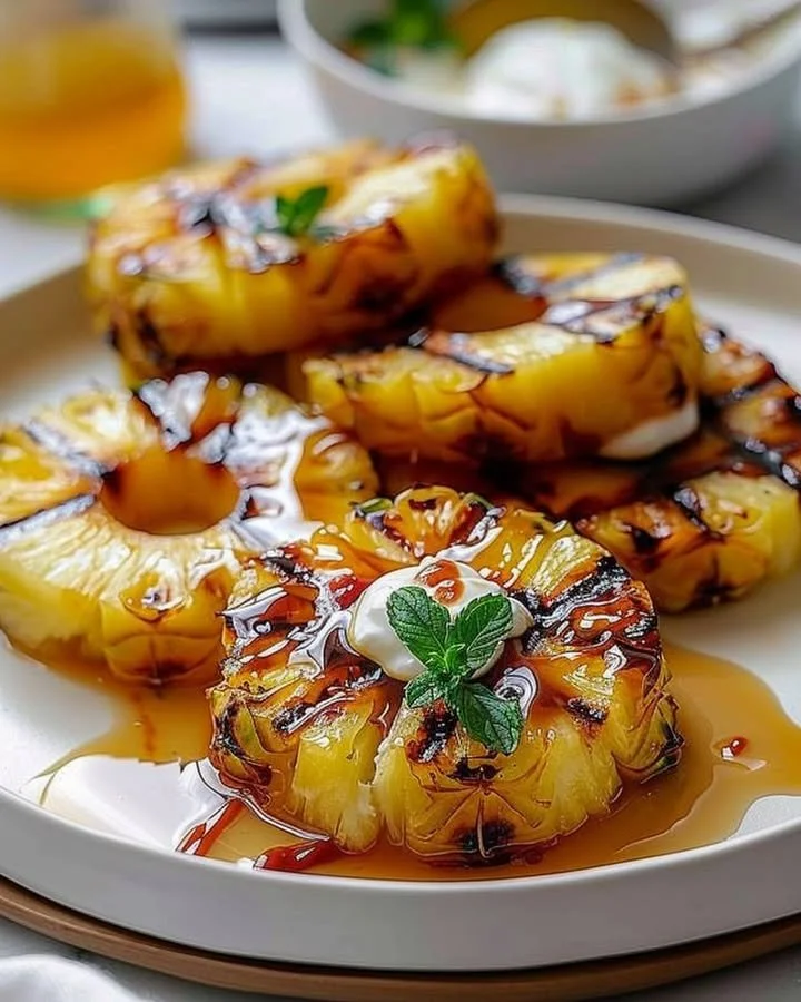 Juicy grilled pineapple slices on a BBQ grill