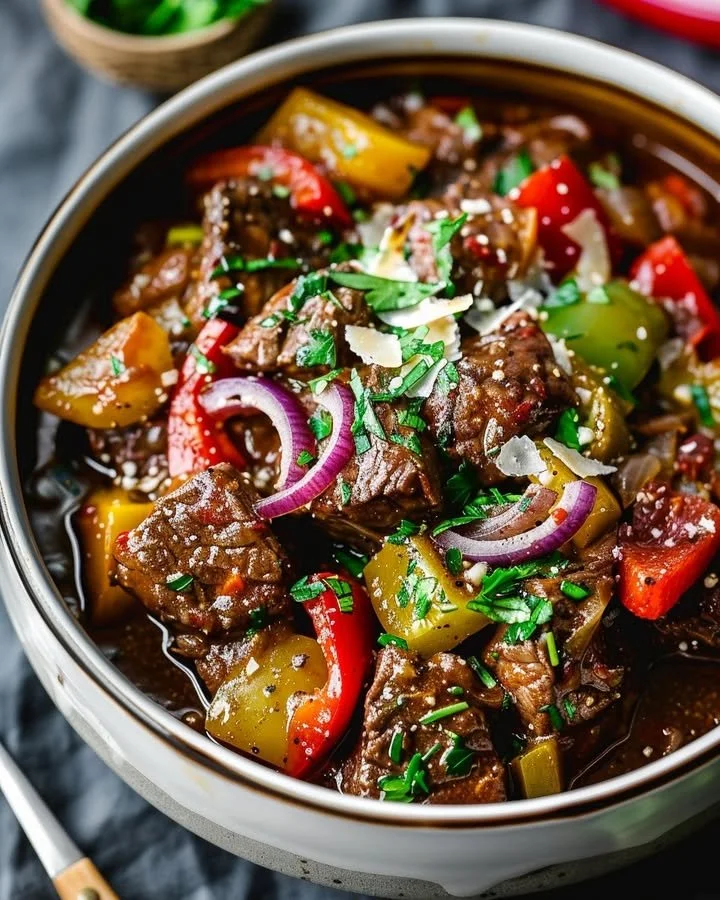 Bowl of Guinness braised beef stew with vegetables and herbs