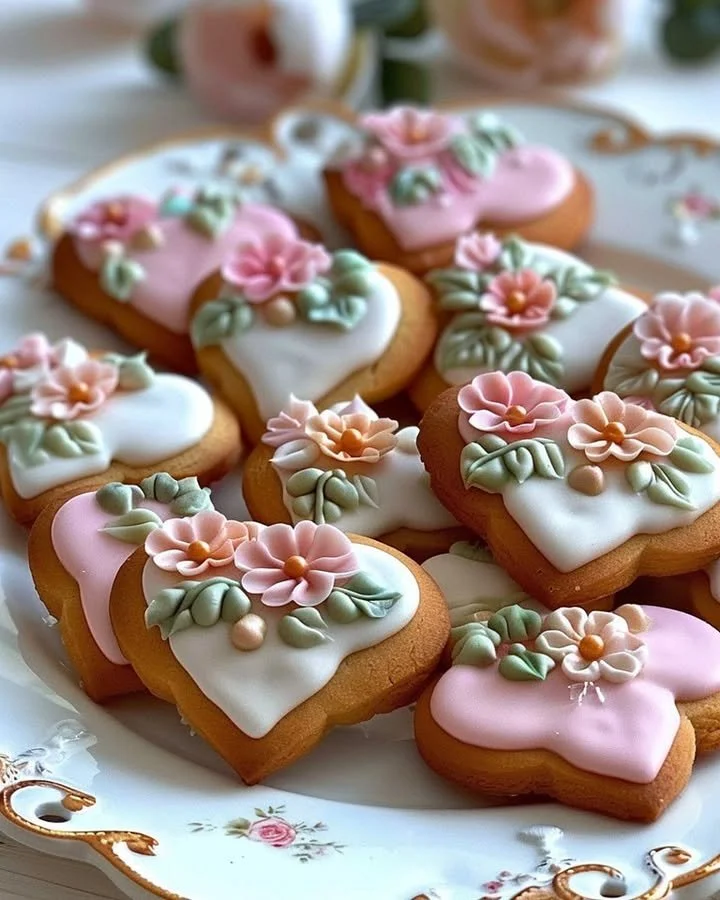Beautiful heart shaped cookies decorated with royal icing and fondant flowers.