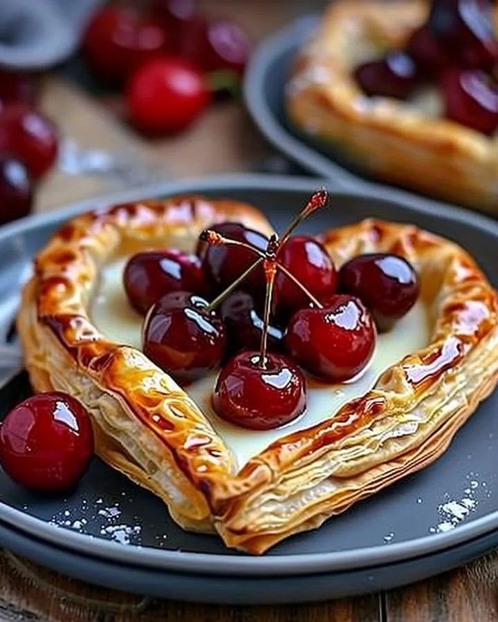 Heart shaped puff pastries filled with custard and cherries on a decorative plate
