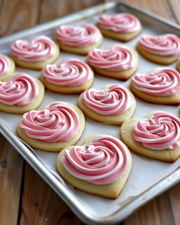 Heart-shaped sugar cookies decorated with colorful buttercream roses.