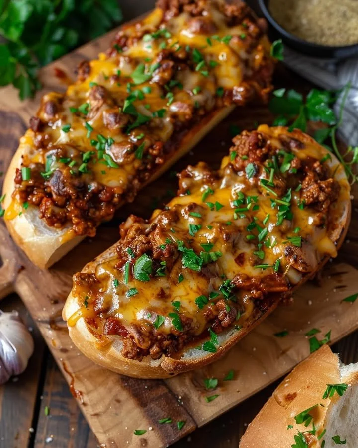 Hearty sloppy joe melts served on toasted garlic bread with melted cheese