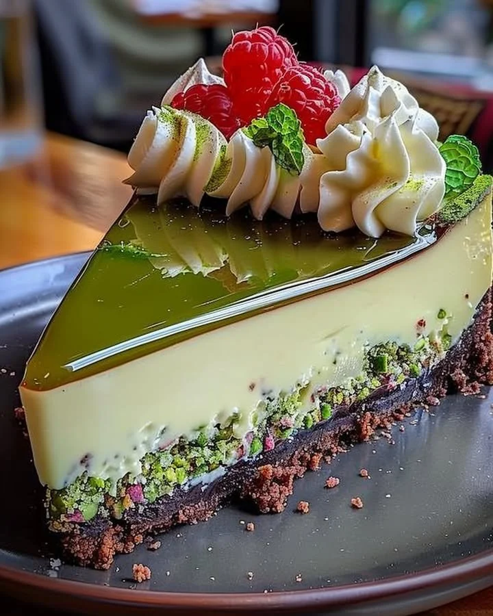 Heavenly pistachio white chocolate cheesecake with a creamy topping
