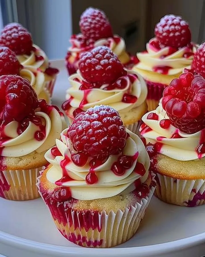 Heavenly raspberry cheesecake cupcakes topped with fresh berries and creamy frosting.