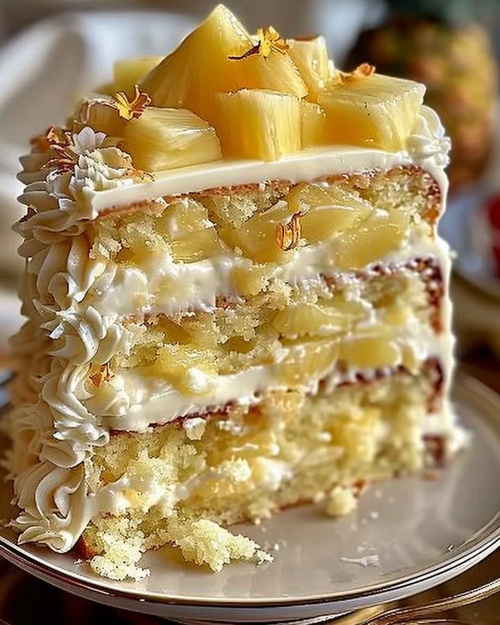 Heavenly white chocolate pineapple cake with creamy frosting and pineapple chunks
