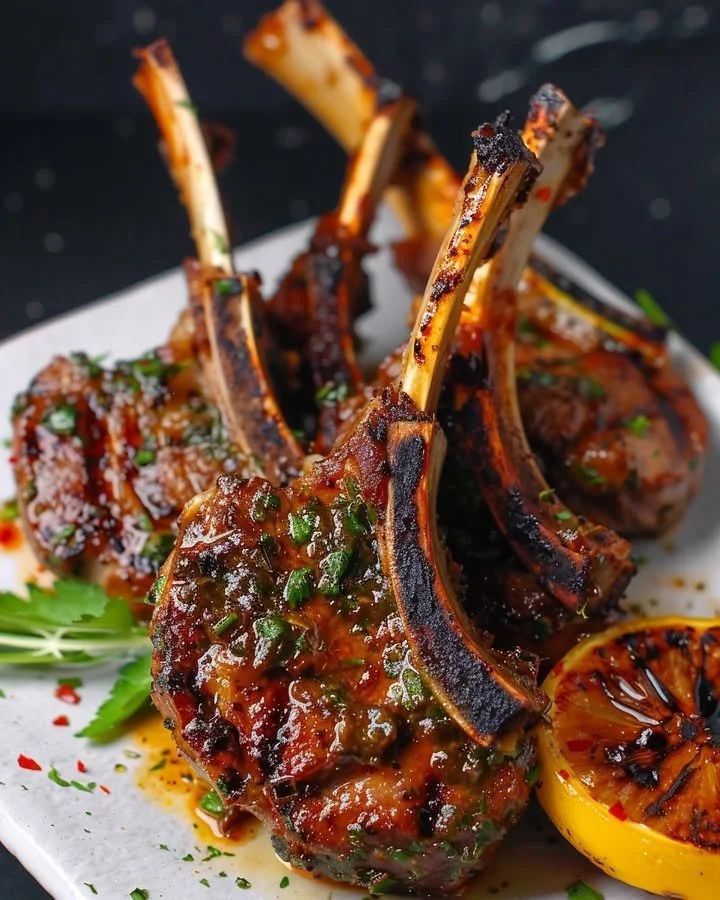 Herbaceous lamb chops grilled to perfection with fresh herbs for a flavorful dish.
