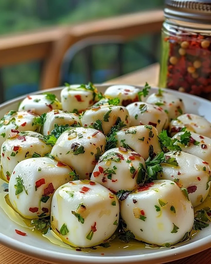 Herbed mozzarella marinated in olive oil and garlic, garnished with herbs.