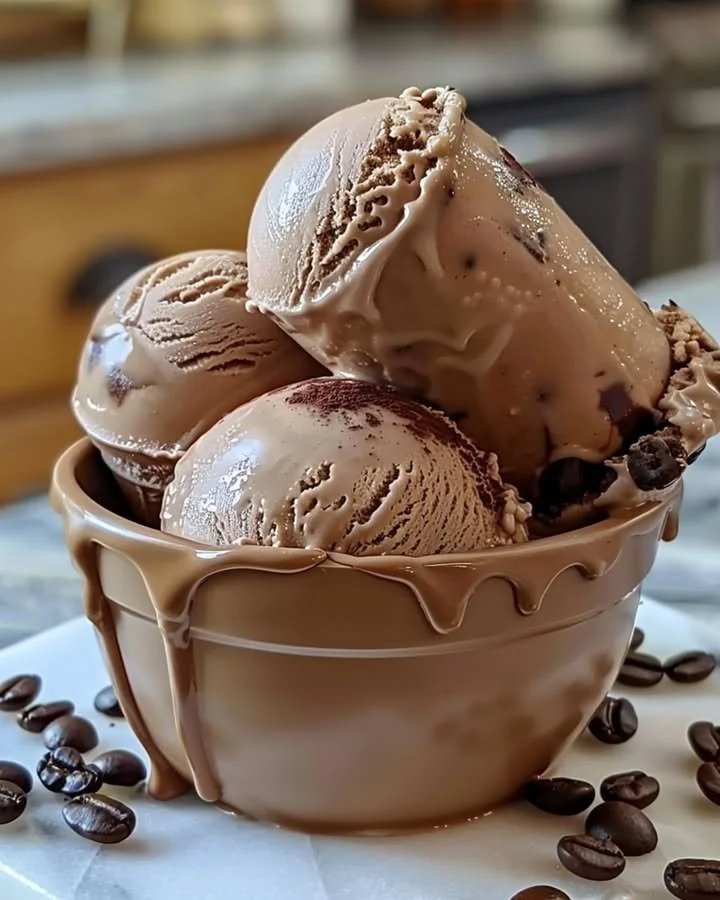 A delicious bowl of homemade coffee ice cream topped with coffee beans.
