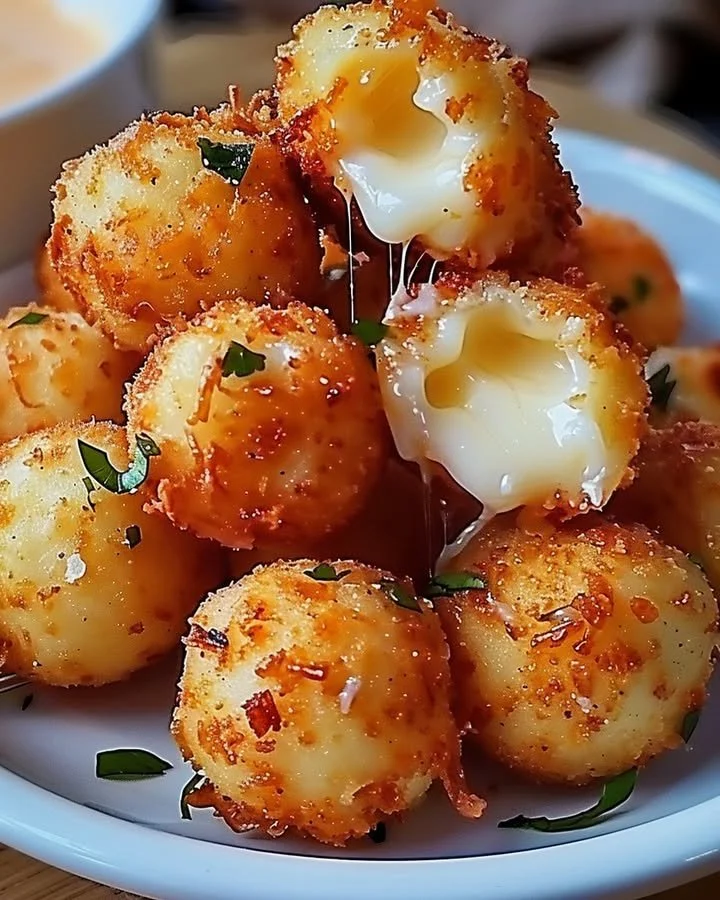 Golden brown homemade fried cheese bites served on a platter.
