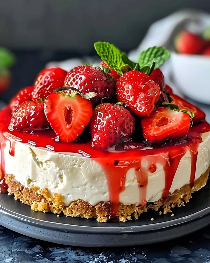 Homemade strawberry cheesecake topping atop a creamy cheesecake slice