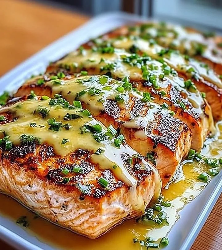 Honey Lime Garlic Butter Baked Salmon with fresh herbs and lemon slices
