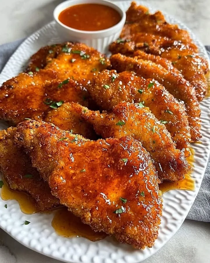 Hot honey chicken cutlets garnished with herbs on a plate