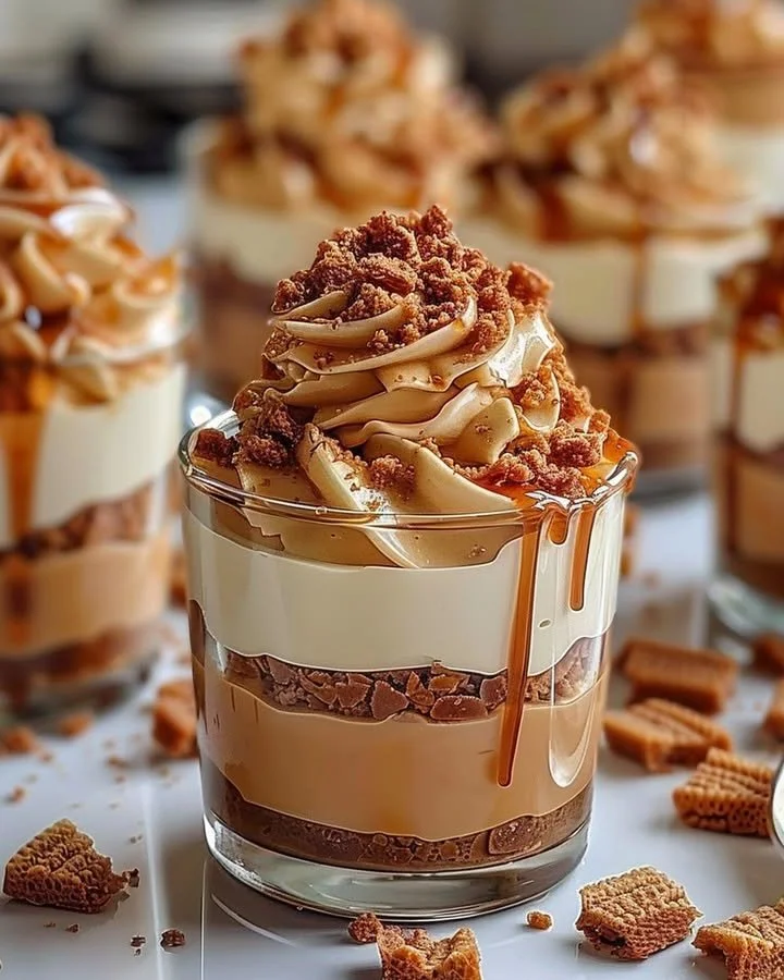 Indulgent Biscoff cheesecake cups topped with crunchy biscuit crumbs