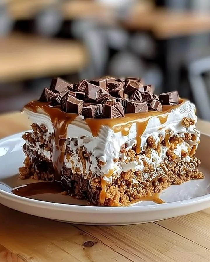 Irresistible Heath Bar Poke Cake topped with crushed Heath bars and chocolate drizzle.