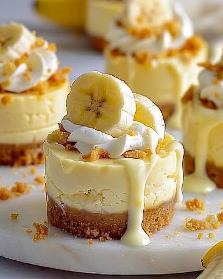 Delicious mini banana pudding cheesecakes served in individual cups