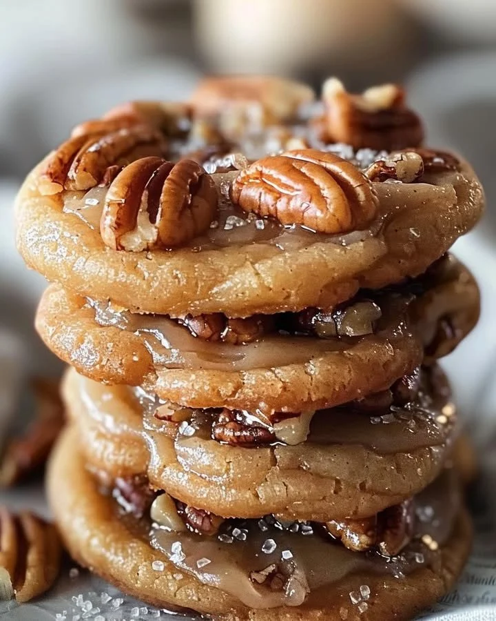 Freshly baked pecan pie cookies on a rustic wooden table