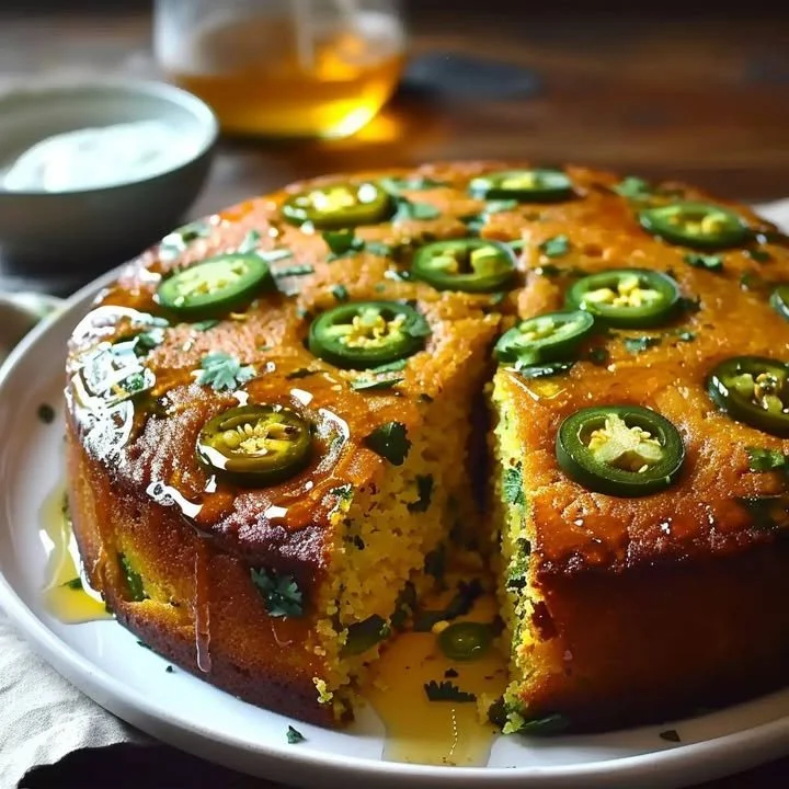 Slice of Jalapeño Cornbread topped with Lime Honey Glaze