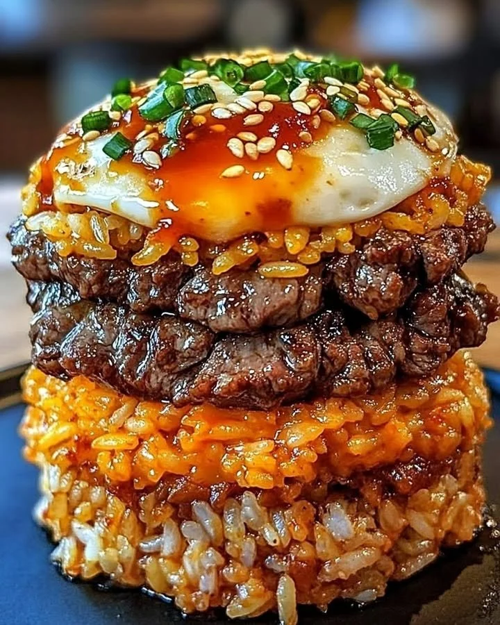 Korean BBQ Beef Rice Stack with fresh ingredients and vibrant colors