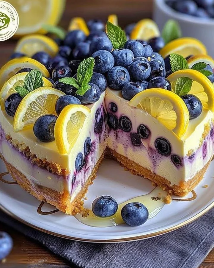 Slice of Lemon Blueberry Cheesecake Delight with fresh blueberries on top.