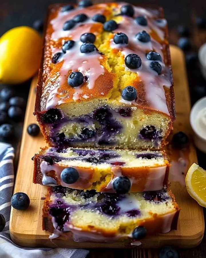 Lemon blueberry yogurt loaf garnished with fresh blueberries on a wooden table