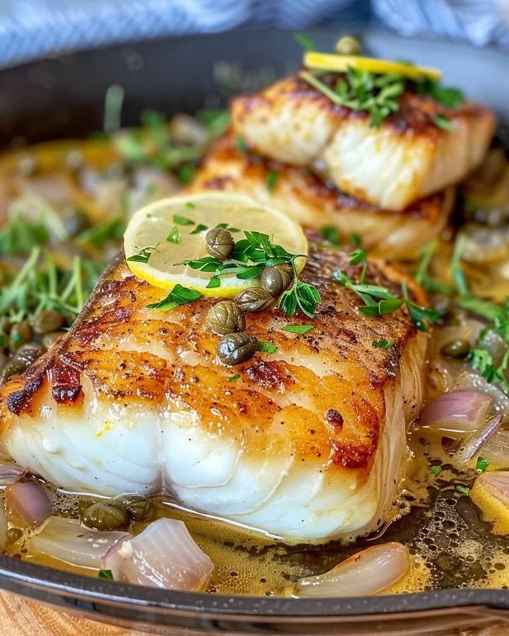Lemon Caper Butter Chilean Seabass plated with herbs and lemon slices.