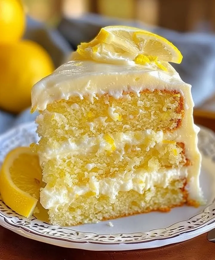 Delicious Lemon Heaven Cake adorned with fresh lemon slices and zest