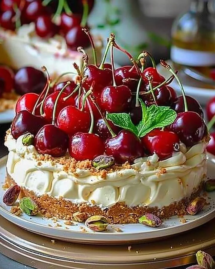 Slice of Lemon Lime Cherry Pistachio Cheesecake with vibrant toppings