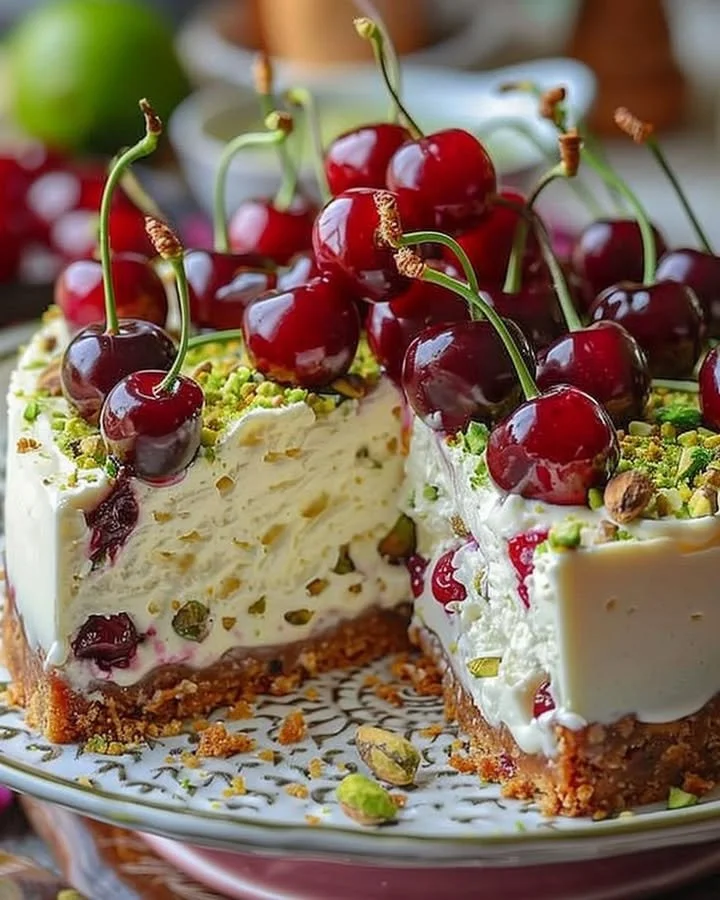 Lemon-Lime Cherry Pistachio Cheesecake with vibrant toppings and creamy texture