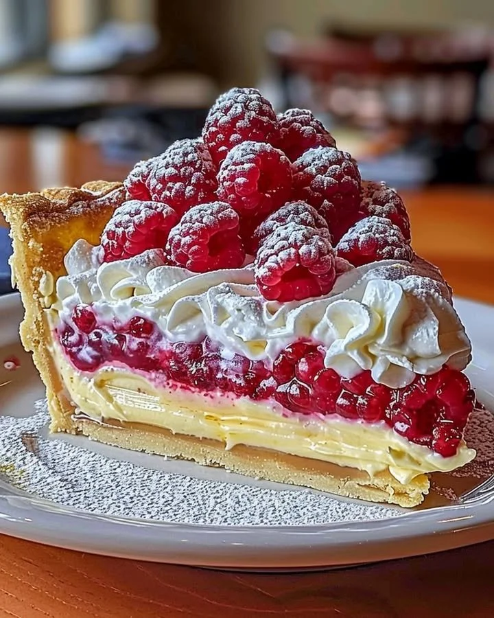 Delicious Lemon Raspberry Layered Pie with fresh raspberries and lemon slices