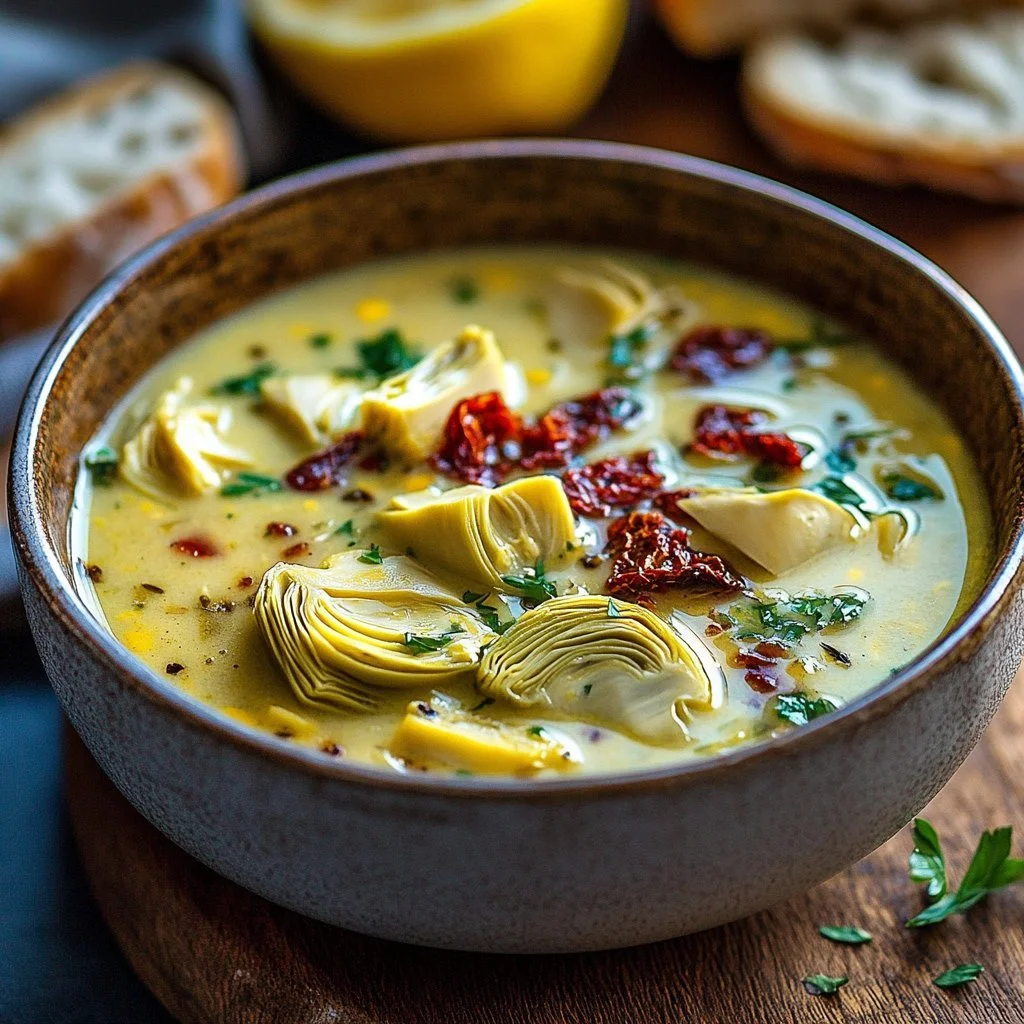 Bowl of Lemony Tuscan Artichoke Soup garnished with herbs and lemon slices.